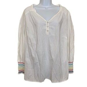 ST.JOHN'S BAY WOMEN'S SIZE 1X RAINBOW EMBROIDERY LONG SLEEVE CUFF WHITE BLOUSE